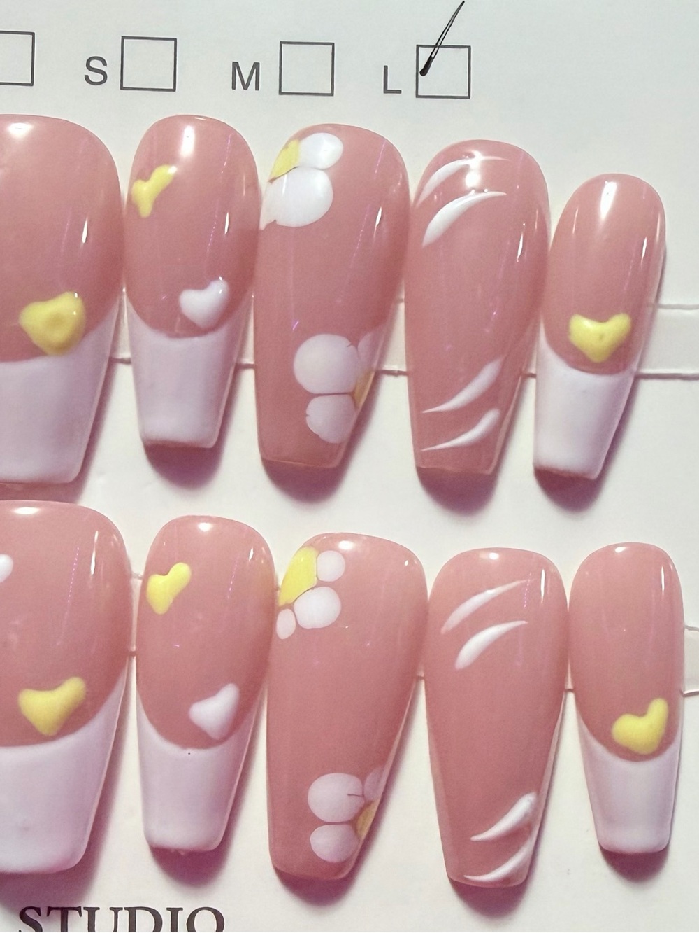 Pink Floral Accent Press-On Nails with Yellow Hearts